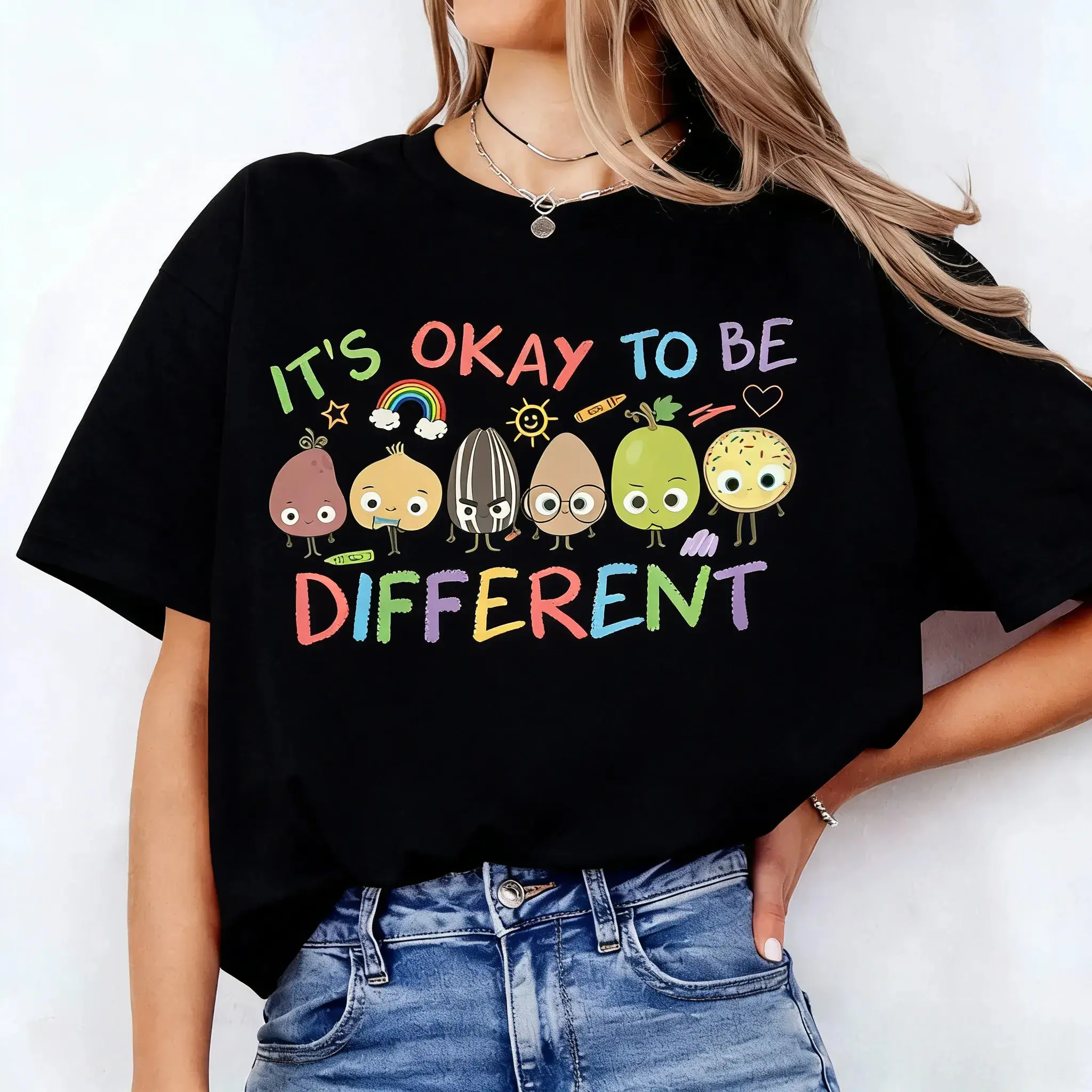 "It's Okay To Be Different" Graphic T-Shirt - Unisex Casual Streetwear Casual Wear Clothes, Shortleeve Round Neck, Soft Standard Sizes Relaxed Fit Flat Vivid Print Sports Top Apparel,back to school,back to school haul