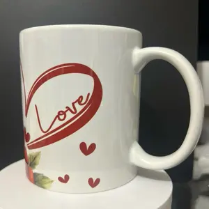Love Coffee Cup 11oz - White Mug with Red Heart Design and "Love" Text - Drinkware