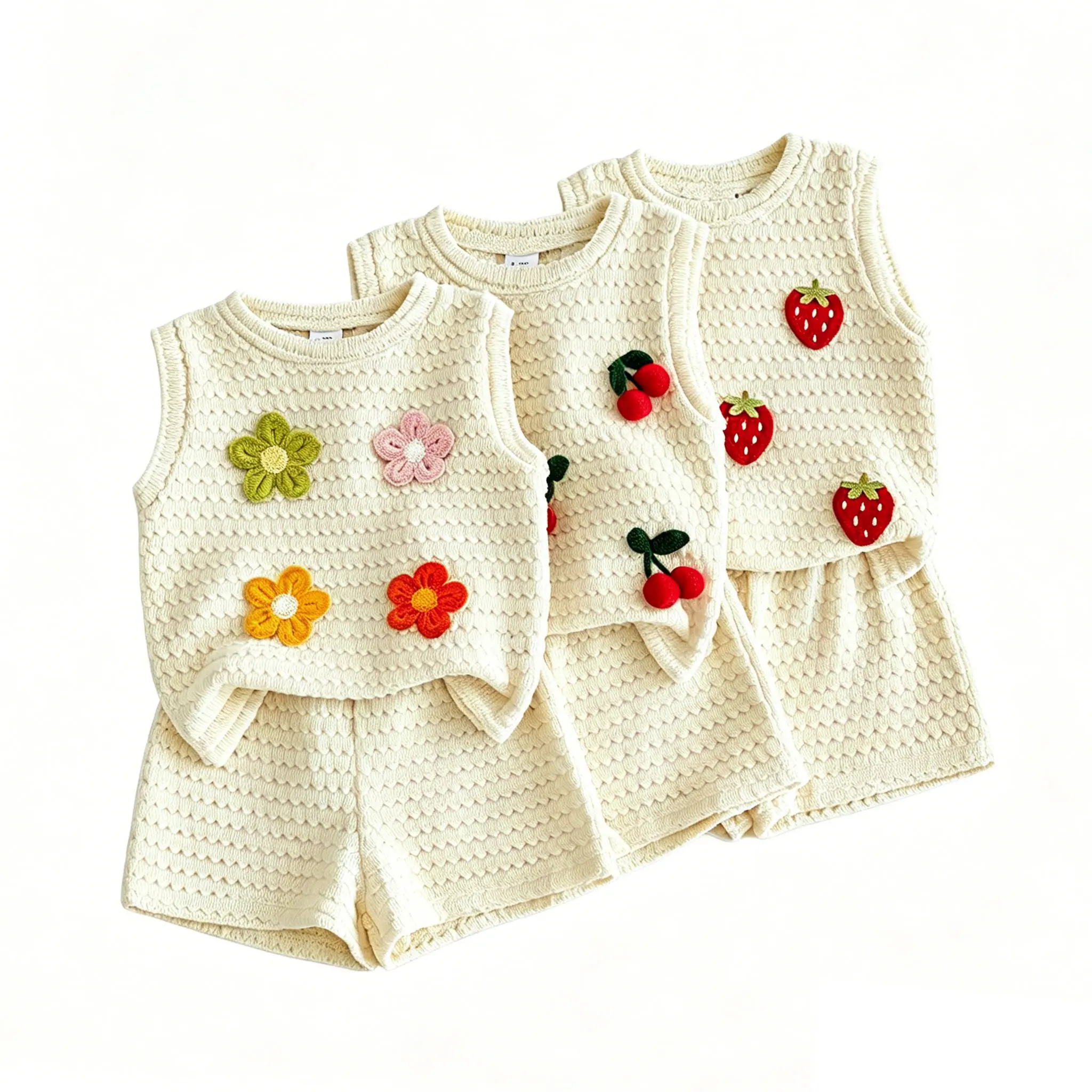 Toddler Baby Little Girl Shorts Set Strawberry/Cherry/Flower Applique Sleeveless Tank Tops and Shorts Waffle Summer Outfit 6M-4T