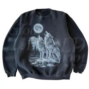 Wolf Sweatshirt Vintage 90s Howling at Moon Crewneck | Retro 90s Wildlife Pullover | Unisex Black Nature Graphic Sweater, Unisex Cotton Crewneck Sweatshirt Menswear Womenswear Streetwear Top