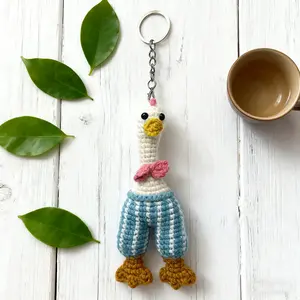 Crochet Goose Keychain - Trendy Cute Keychain - Adorable Handmade Key Accessory with Bow - Tie and Striped Pants,  Unique Gift for Friends & Animal Lovers