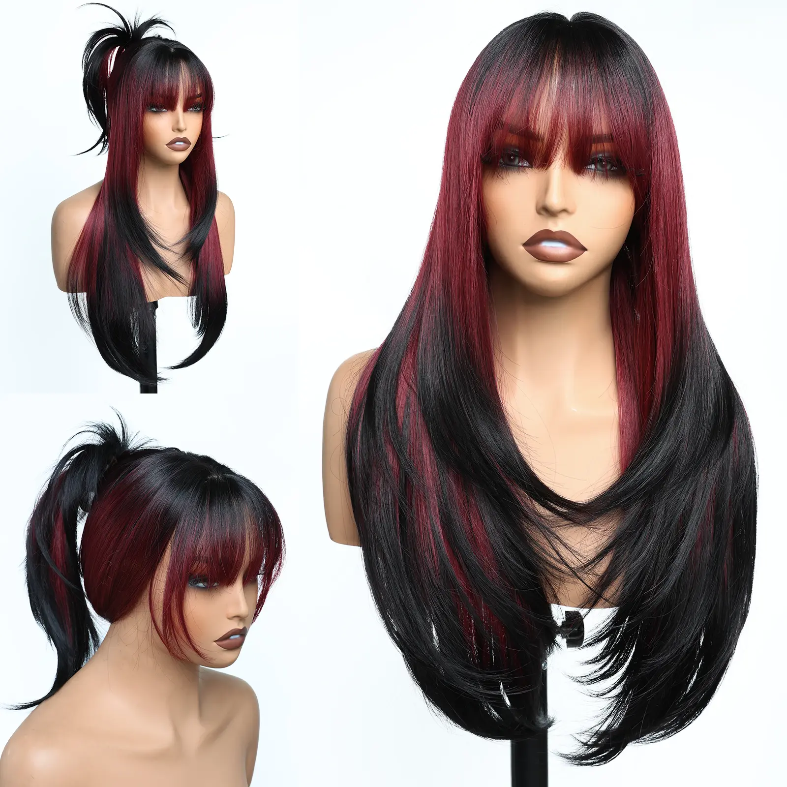 FABÉLLE Curtain Bangs Straight Wigs Glueless Simulated Scalp Cap 26inch Layered Synthetic Wig Wear and Go Realistic Look Pre Style No Lace Wig With Bangs Inward Curl at the Ends for Women