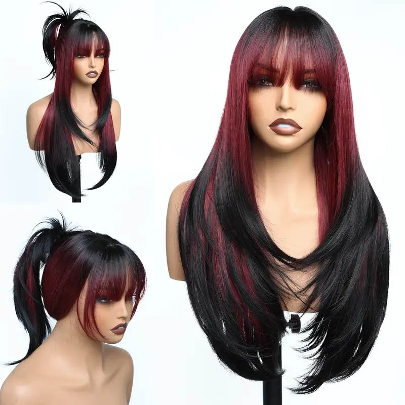 FABÉLLE Curtain Bangs Straight Wigs Glueless Simulated Scalp Cap 26inch Layered Wig Wear and Go Realistic Bangs Inward Curl at the Ends for Women synthetic fiber material
