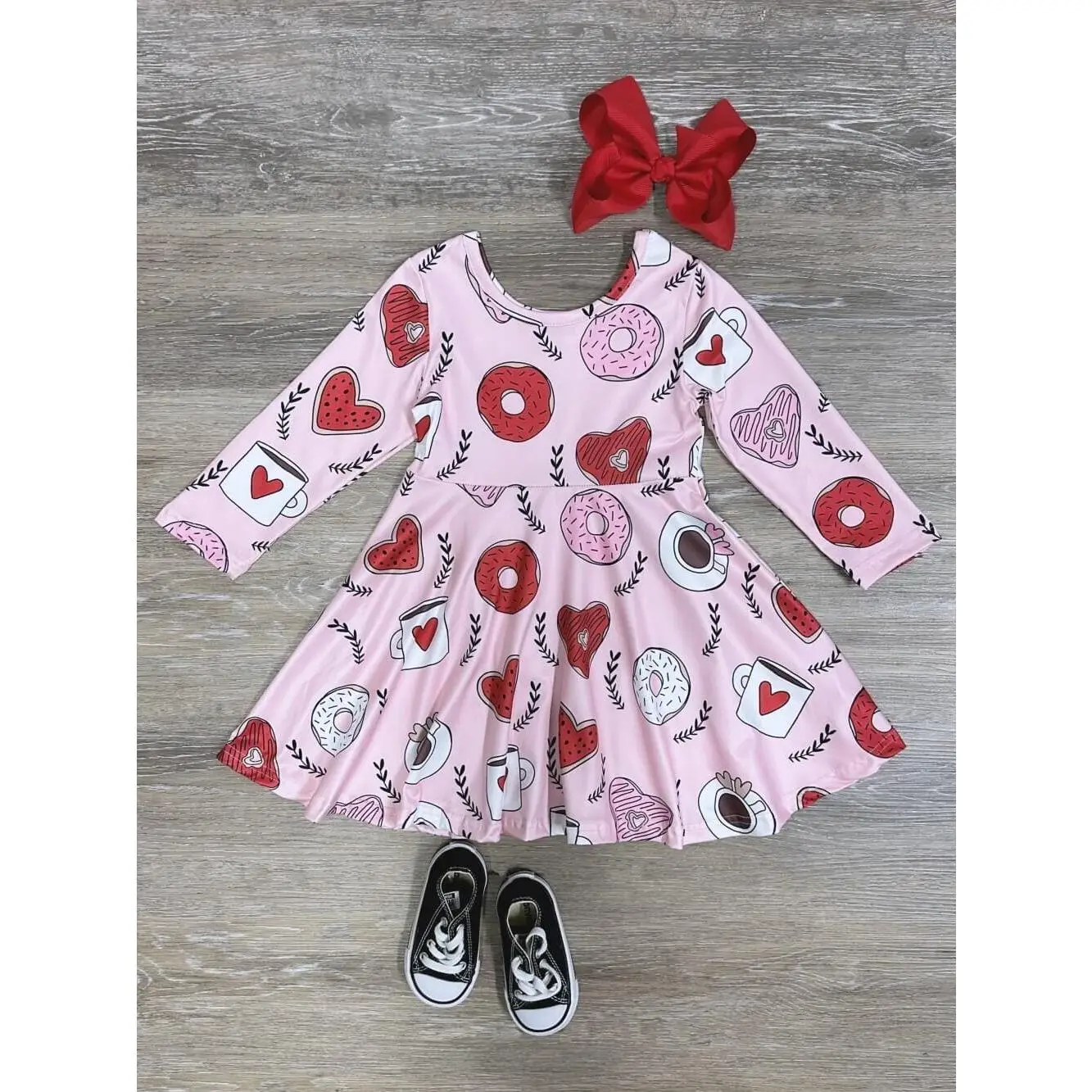 Sip Of Love Coffee & Donut Hearts Pink Girls or Toddler Size Valentine's Day Skater Style Dress