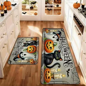 Set of 2 Halloween Pumpkin Ghost Cat Kitchen Rug , Washable Non-Slip Low Height Floor Mats, Home Decor for Kitchen Laundry Room Hallway