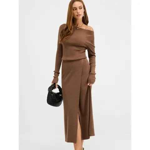 COMMENSE Women's Off Shoulder Casual Ribbed Wool-Blend Maxi Dress - Pull On, Long Length, No Redundant Features, Everyday Wear