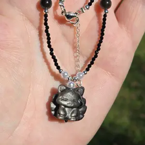 Flashy Obsidian Nine Tail Fox Crystal Necklace with Black Beads and Fox Pendant