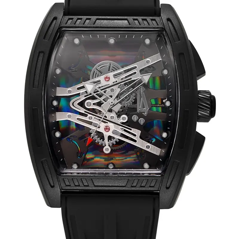 Fashion Tonneau-shaped Colorful Hollow Dial Silicone Strap Trendy Analog Quartz Watches Quaerz Watch Men