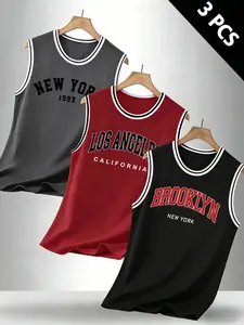 3 Pack Men's Basketball Jersey Tank Tops, Breathable Mesh Sleeveless Shirts with New York LA Brooklyn Print, Quick Dry Casual Athletic Activewear Sportswear for Gym Workout Basketball Summer Streetwear
