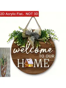 2D Vintage Farmhouse Welcome Sign Wooden Wreath Door Hanging with "Welcome Home" Text Brown Beige Decoration for All Seasons Front Door Living Room Gift