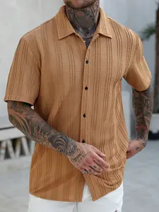 Trendy Casual Cool Men's Solid Color Button Front Textured Short Sleeve Shirt, Summer Wear, Stylish and Comfortable
