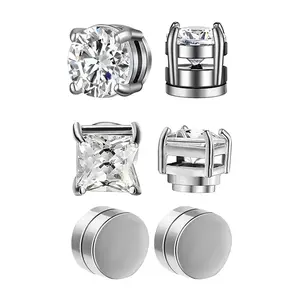 3 Pairs Crystal Strong Magnetic Ear Stud Clip Earrings for Men and Women Punk Round Zircon Magnet Earrings Non Piercing Jewelry