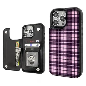 Houndstooth Pink Plaid Pattern Phone Cases Compatible For With iphone 17 16 15 14 13 12 PRO PLUS MAX,Samsung S25 S24 S23 S22 PU  Durable Flip Leather Credit Card Bag Holder  Gift Wallet Shockproof Anti-Drop Full Protection Phone Cases Shell Cover