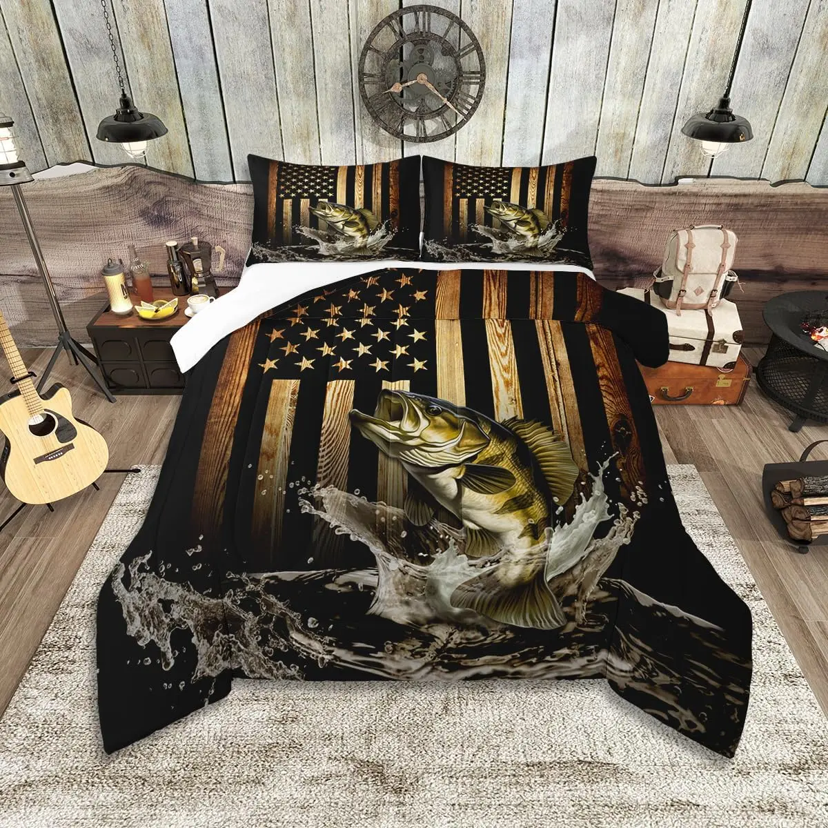 Feelyou Queen Size Vintage American Flag Comforter Set - Digital Print, Breathable Bass Fish Decorative Bedding Set, Soft Quilt Bedspread, Comfy Bedding for Men, Bedding Decor, Comfy Bedding Sets