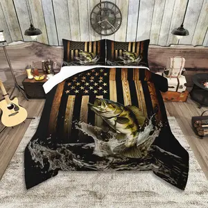 Feelyou Vintage American Flag Queen Size Comforter Set - Digital Print, Breathable Bass Fish Bedding, Soft Texture Quilt Set for Men, Bedroom Decor, Bedroom Inspo