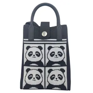 Cute PandaPhone Tote Bag Mini Knit Crossbody Bag for Women Small Handbag with Shoulder Strap 4.72 x 7.09 x 1.97 inches Practical Polyester Crochet Pouch Ideal for Shopping Travel
