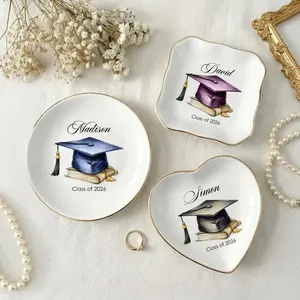 Custom School Color Jewelry Dish, Personalized Graduation Cap Ring Dish, Class of 2026 Trinket Tray High School Grad Gift, Book Lover Gift