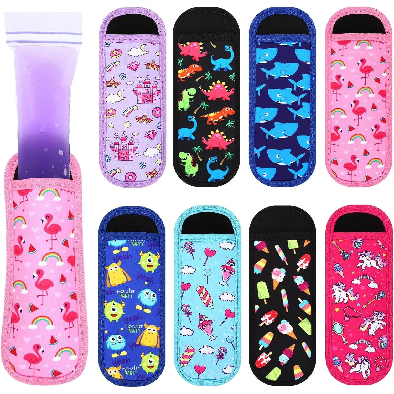 8 Pack Popsicle Holder for , Cute Cartoon Dinosaur Shark Ice Pop Sleeves  Washable Freeze Pop Holders Bags Neoprene Insulator Popsicle Sleeves