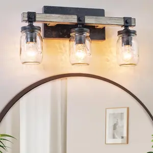 NEW 3-Light Bathroom Light Fixtures, Black Modern Wall Sconce, Farmhouse Vanity Lights with Clear Glass Mason Jar, Bathroom Light Wall Lamp for Mirror Kitchen Living Room Hallway Cabinet Porc
