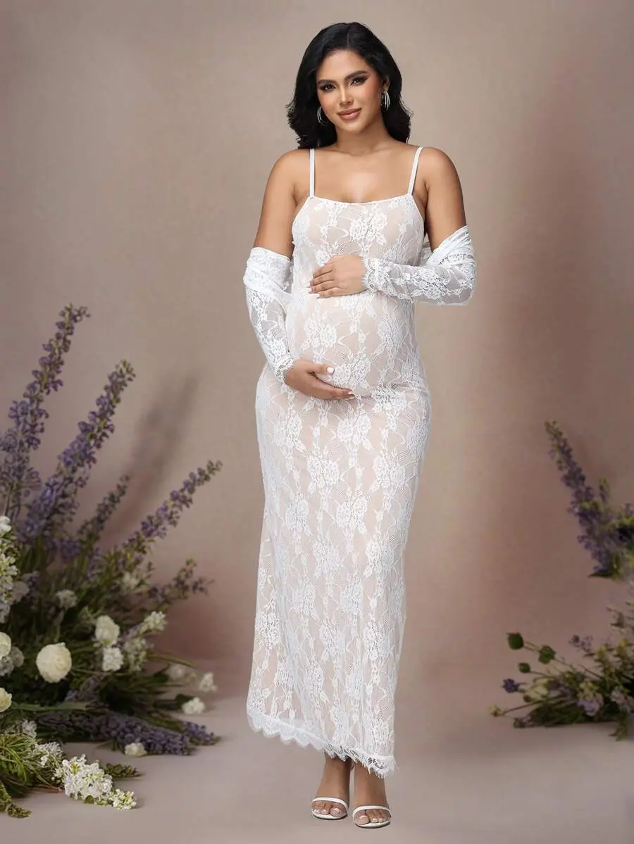 LAFERLIN Maternity Elegant Lace Long Sleeve Top & Lace Spaghetti Strap Maxi Dress 2 Pieces Set For Baby Shower, Party, Photoshoot