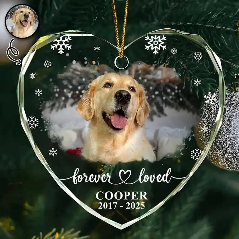 Personalized Pet Photo Ornament: Custom Dog Cat Memorial, Heart Shaped Glass - Sympathy Gift For Loss of Pet