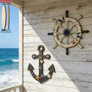 2D Wooden Nautical Home Wall Decor Set, Rustic Ship Anchor and Wheel, Ocean Theme Hanging Art Decorative Artwork for Living Room, Kitchen, Bathroom, Bedroom