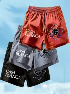 3-Pack Casablanca Print Quick-Dry Sport Shorts, Men's Elastic Waist Fitness Shorts with Zip Pockets, Casual Athletic Wear for All Seasons