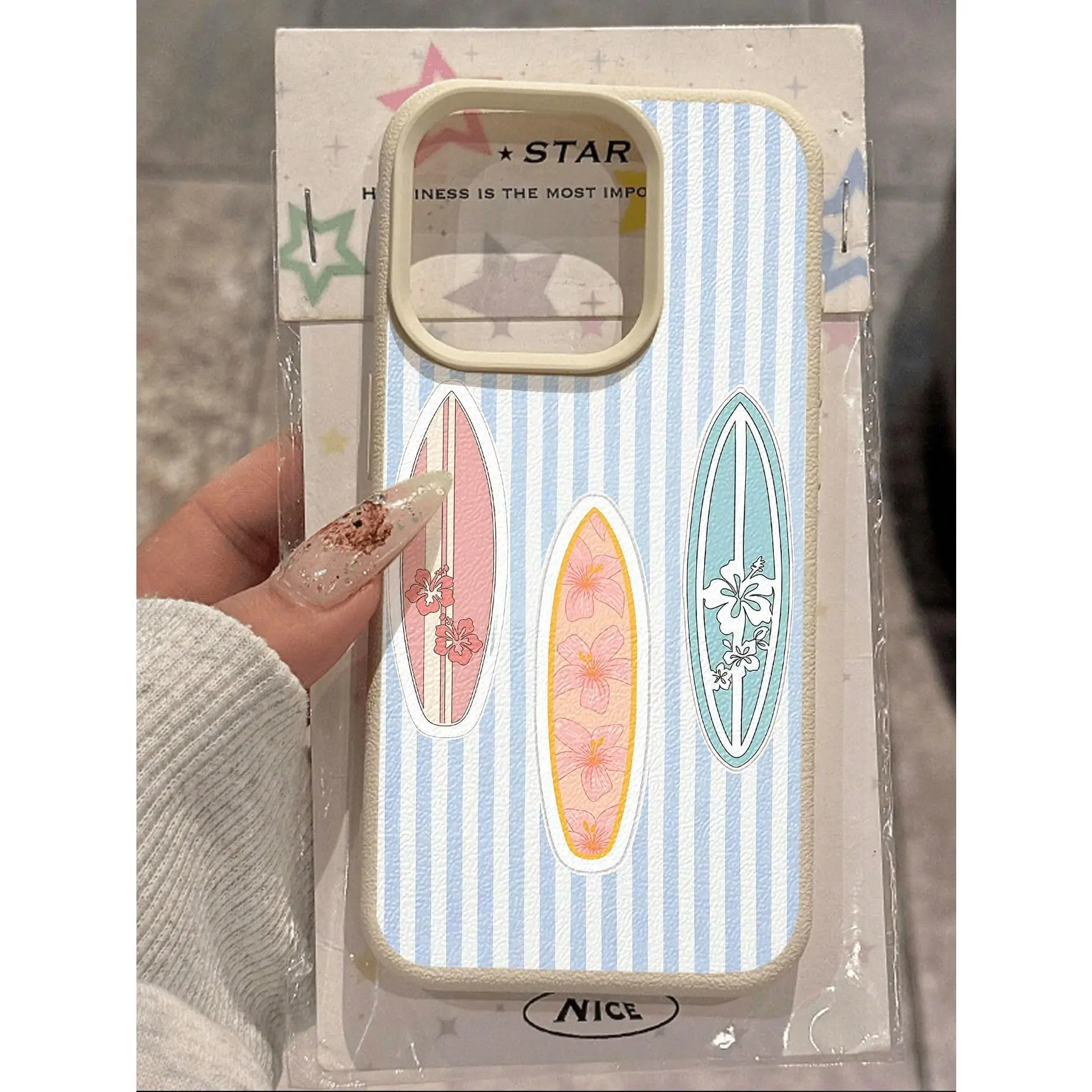 3D Surfboard TPU Cellphone Casing - Summer Special Edition, Blue Stripes, Lychee Texture, Protective Accessory for iPhone 17/16/15/14/13/12/11, Ideal Gift for Friends