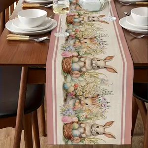 Easter Bunny & Pastel Eggs Tablecover Watercolor Floral with Pink Stripes Spring Table Decor Durable Polyester Table Cover Suitable for Easter Weddings Showers Party Decorations