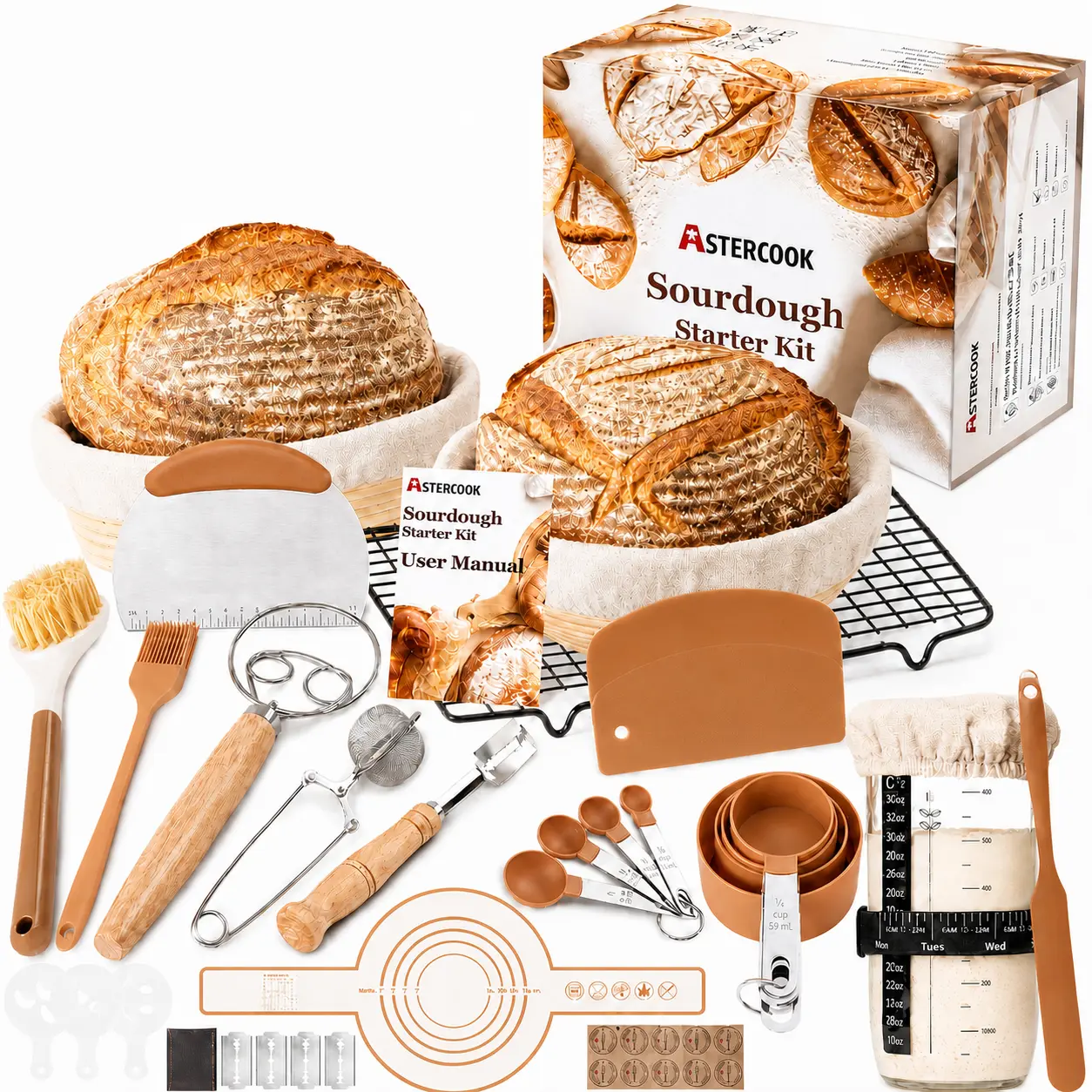 Astercook Sourdough Starter Kit with Round & Oval Banneton Bread Proofing Baskets, Starter Jar, Dough Whisk, Scrapers, Stencils and Bread Baking Supplies Astercook Sourdough Starter Kit with Round & Oval Banneton Bread Proofing Baskets, Starter Jar, Dough Whisk, Scrapers, Stencils and Bread Baking Supplies