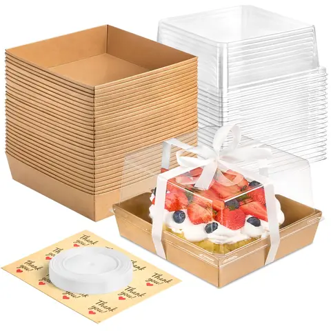 Brown Paper Cake Boxes with Clear Lids, 20 Pack Square Charcuterie Boxes Disposable To Go Food Containers for 4-6 Inch Cake, Jumbo Cupcakes, Bakeries