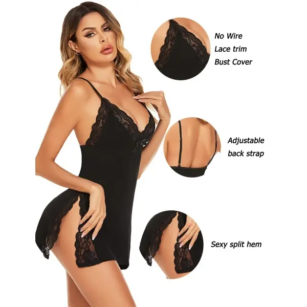 Women's Lingerie Babydoll - Modal Lace Knitting Fabric Breathable Cute Chemise Nightgown, Adjustable Straps, Sleeveless Slim Fit Bridal Sleepwear with Side Slits, Lightweight Lingerie for Women, V-Neck