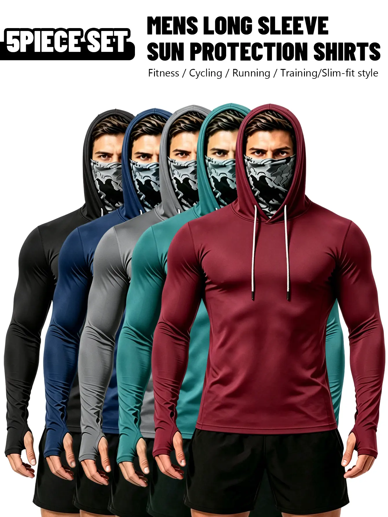 5-Piece Men's Compression Slim Fit Hoodie Pullovers with Built-in Camo Face Mask, UPF Sun Protection Long Sleeve Tops, Lightweight Soft Breathable, Machine Washable Athletic Shirts for Fishing Cycling Gym Workout, Multi-Color Outdoor Fitness Menswear Set
