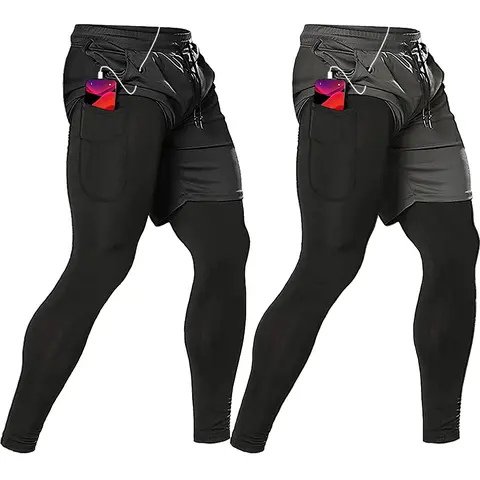 AYJKSEVEN Men's 2-in-1 Athletic Running Pants - Built-in Compression Base Layer, Elastic Drawstring Closure, Quick Dry, Breathable Mesh, Deep Pockets, Cable Port, for Gym, Runs, Boxing