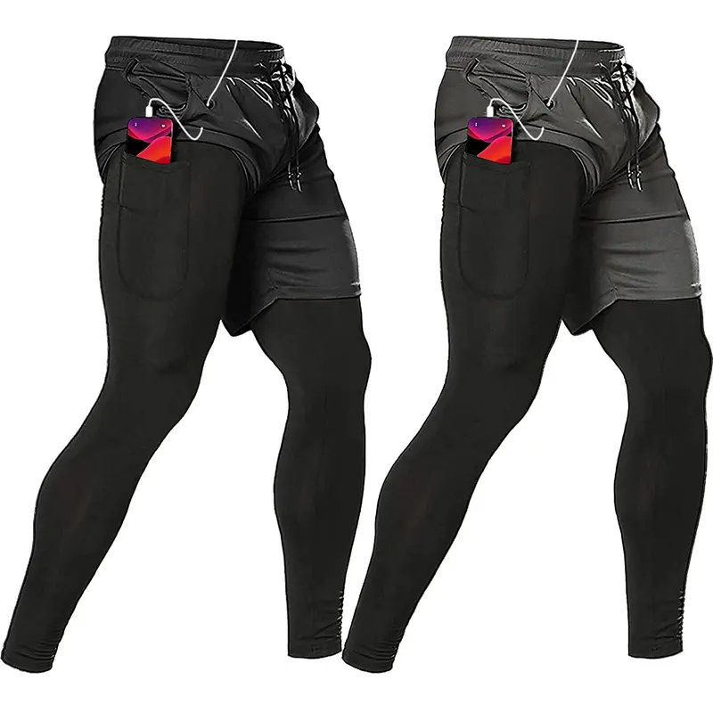 AYJKSEVEN Men's 2-in-1 Athletic Running Pants - Built-in Compression Base Layer, Elastic Drawstring Closure, Quick Dry, Breathable Mesh, Deep Pockets, Cable Port, for Gym, Runs, Boxing