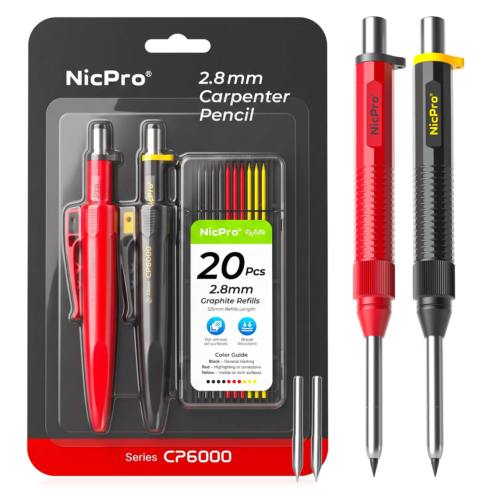 Nicpro CP6000 Series 8-IN-1 Metal Body Carpenter Pencil with Sharpener, Sheath, Carbide Scriber Deep Hole Tip, 20-Refill Pack, Heavy Duty Woodwork Tools for Woodworkers, Portable Office Stationery,techvibes