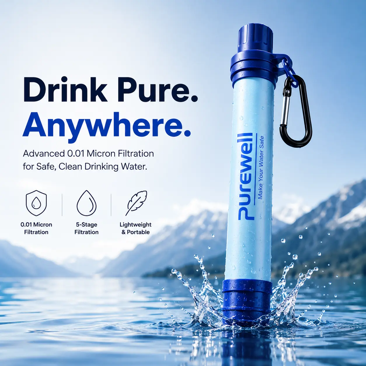 Purewell Water Filter Straw Portable Survival Filtering System for Drinking, Hiking, Camping, and Emergency Preparedness