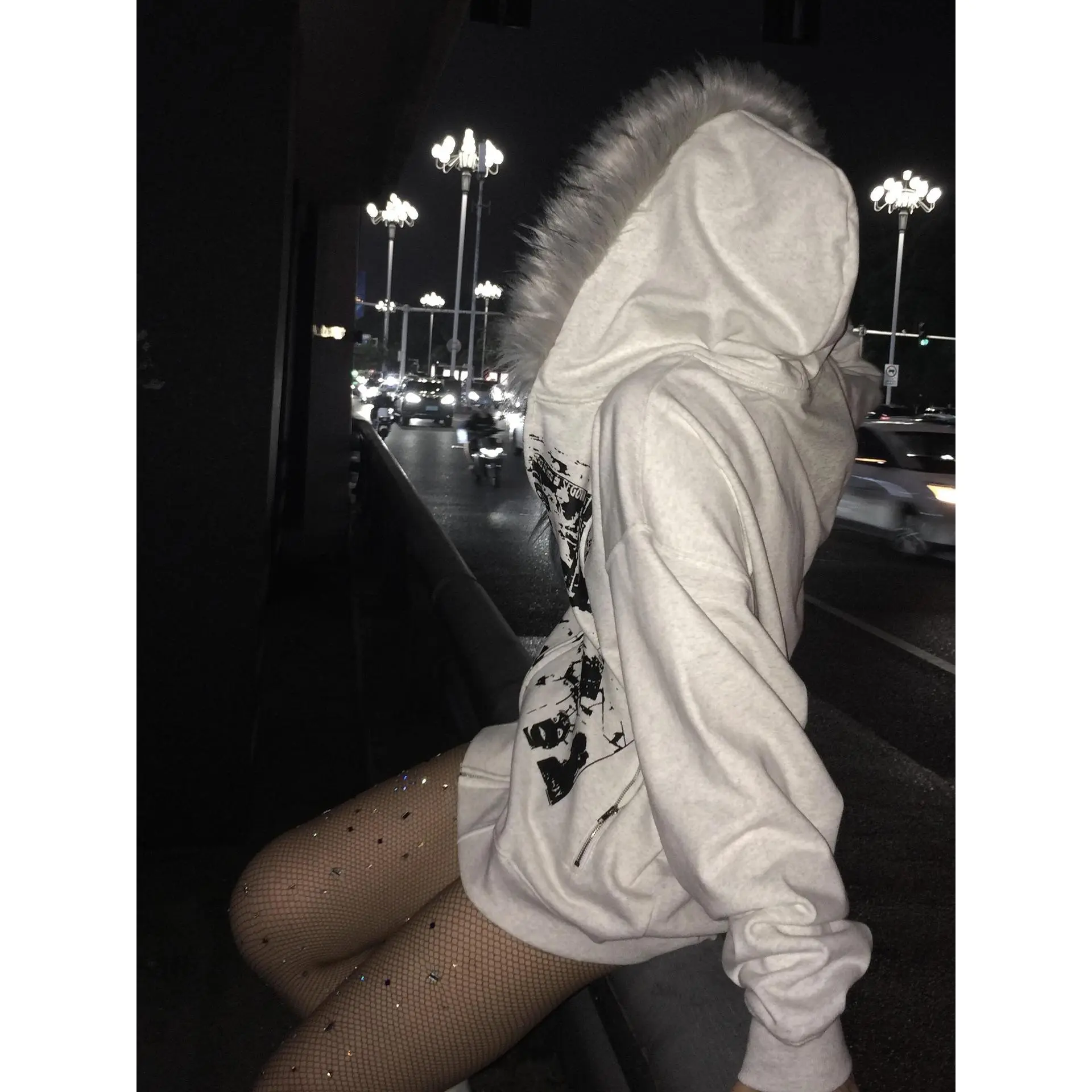 Faux Fur American Vintage Coats with Hooded Women's Sweatshirts Gothic Harajuku Subculture Punk Emo Sweatshirts and Jacket