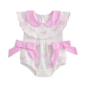 Babamoon Infant Baby Girls Summer Romper Bow Embroidery Sleeveless Ruffled Doll Collar Jumpsuit Onesie Bodysuit 0-18 Months