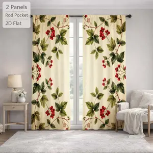 2Pcs Vintage Botanical Berry Leaf Pattern Sun Blocking Curtains Digital Printed Rod Pocket, Window Treatment For Bedroom Office Kitchen Living Room Study Home Decor
