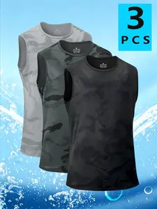 Men’s 3-Pack Camouflage Tank Tops, Comfortable Fabric, Suitable for Home, Outdoor Fitness, Long Runs, and Various Sports