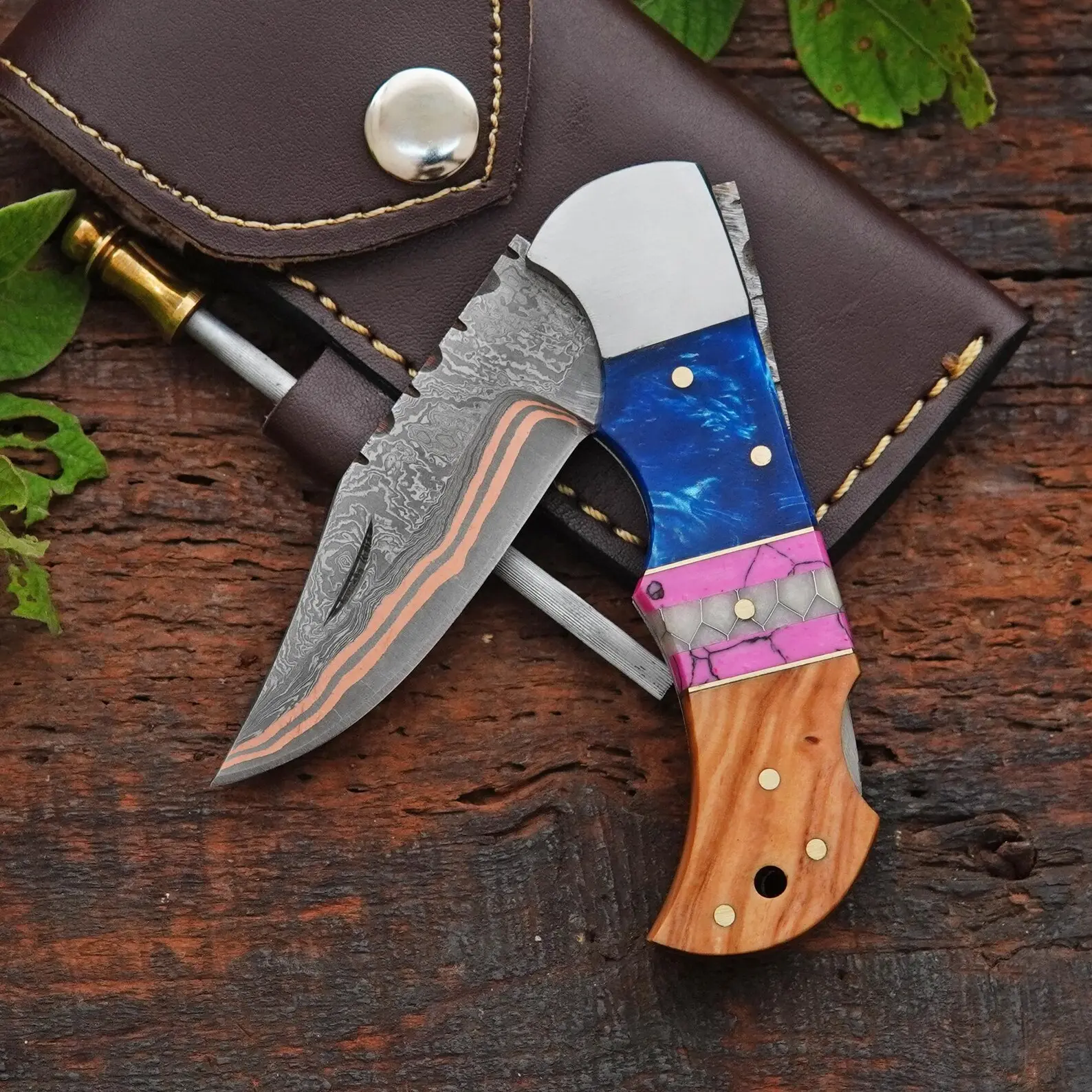 Handmade Copper Damascus Pocket Knife Olivewood & Stone Handle Gift For Wife Anniversary Gift Folding Knife Birthday Gifts
