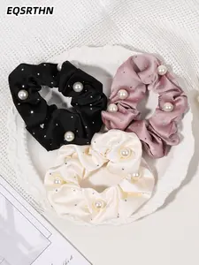 3-piece black, white, pink rhinestone pearl large intestine hair ring, four seasons universal round, Hair Ties For Daily Styling Options, ladies daily commute work dating shopping friends party all-match hair accessories, Ponytail Hairstyle, Tie Up Back