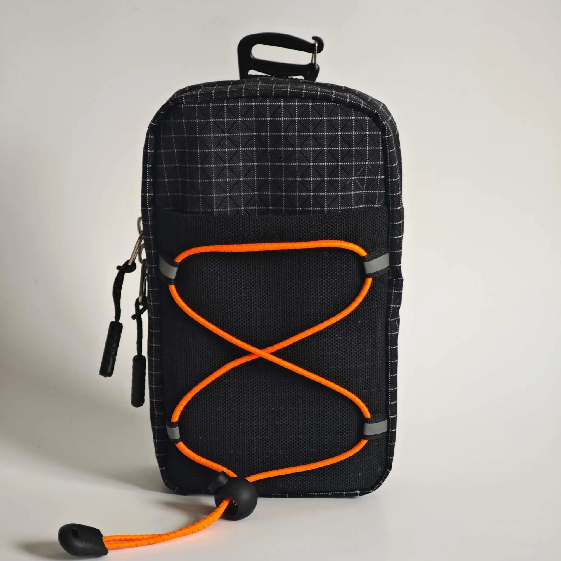 Outdoor Backpack Shoulder Strap Pouch with Reflective Strips - 17×8cm Compact Water-Repellent Grid Holder for Hiking Gear, All-Seasons Phone & Bottle Storage (Fits Backpack Shoulder Straps)