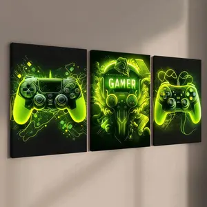 3-count wooden frame canvas, cyberpunk neon game controller triple decoration, e-sports theme cool art poster, fashionable family poster, modern living room decoration, suitable for corridor and bedroom walls, waterproof art
