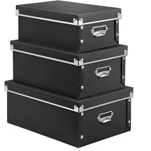 Storage Box Decorative Storage Bins with Lid 3 in 1 Set Plastic with Handles PressStud Fastening Moistureproof Foldable for Space Saving Storage for Clothes Cosmetic Blankets Black
