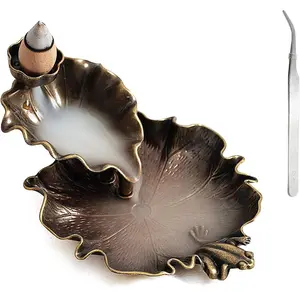 Waterfall Incense Cone Holder Lotus and Frog Bronze Backflow Insense Burner Metal Incense Holder Aromatherapy Ornament Home Decoration