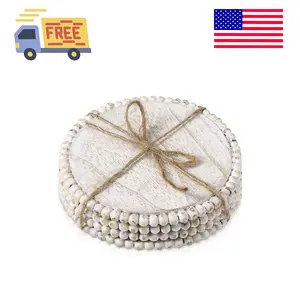 4 Pieces Wood Beaded Coasters 3.9 Inch Round Rustic Farmhouse Wooden Coasters