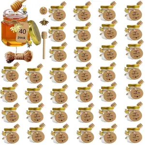40-Pack Mini Glass Honey Jars – 1.5 oz, Mini Hexagon Glass Honey Jars with Wooden Dippers - Gold Lids, Bee Pendants, Rope & Ribbon Accents - Perfect for Wedding Favors, Party Favors