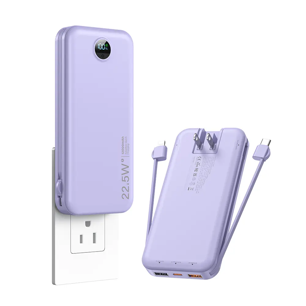 Power bank with built-in plugs - 12000mAh/20000mAh portable phone charger, featuring an LED digital display, built-in 2 cables, 5 output ports, QC3.0 PD20W fast charging battery pack, ideal for travel & outdoor activities